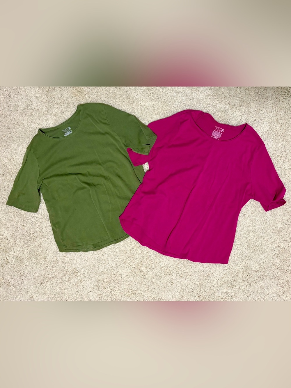 Time and Tru Short Sleeve Tees in Olive Green & Fuchsia
